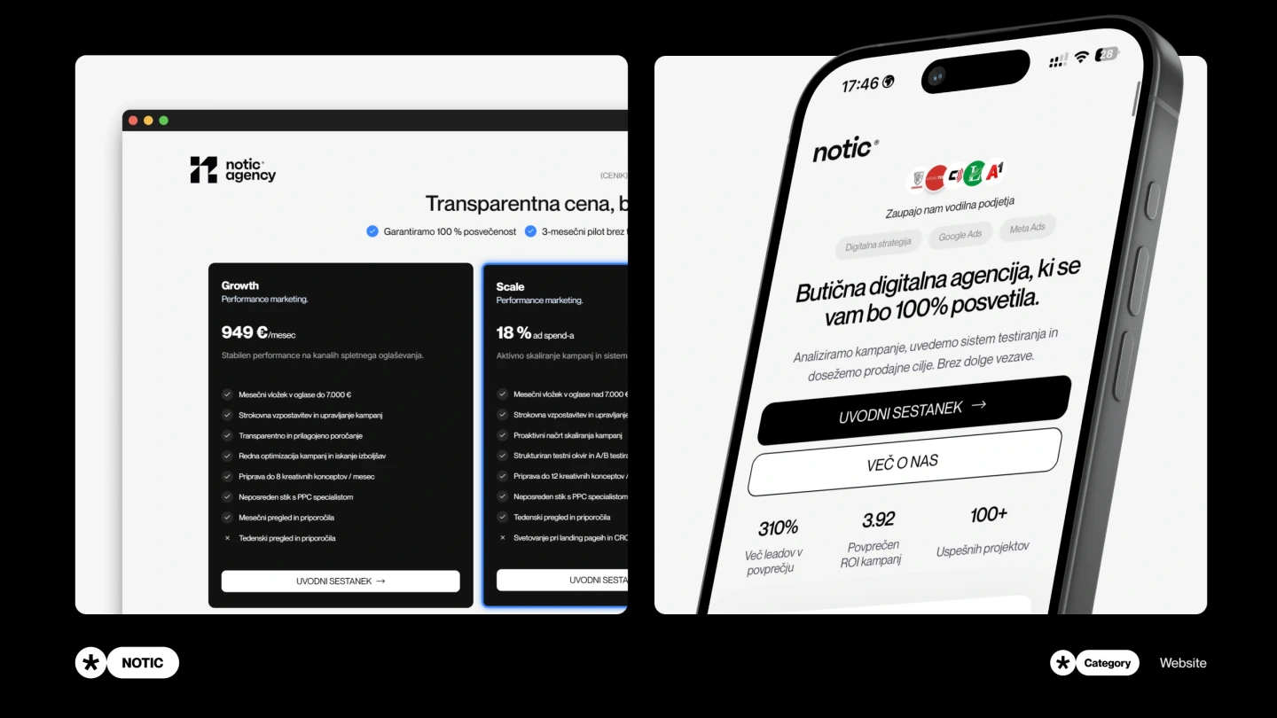 Notic Agency landing-page layouts shown in a desktop browser and on a tilted smartphone.