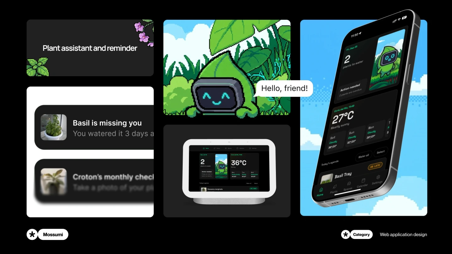 Plant-care app interfaces with reminders, pixel-art plant assistant and smartphone mockups.