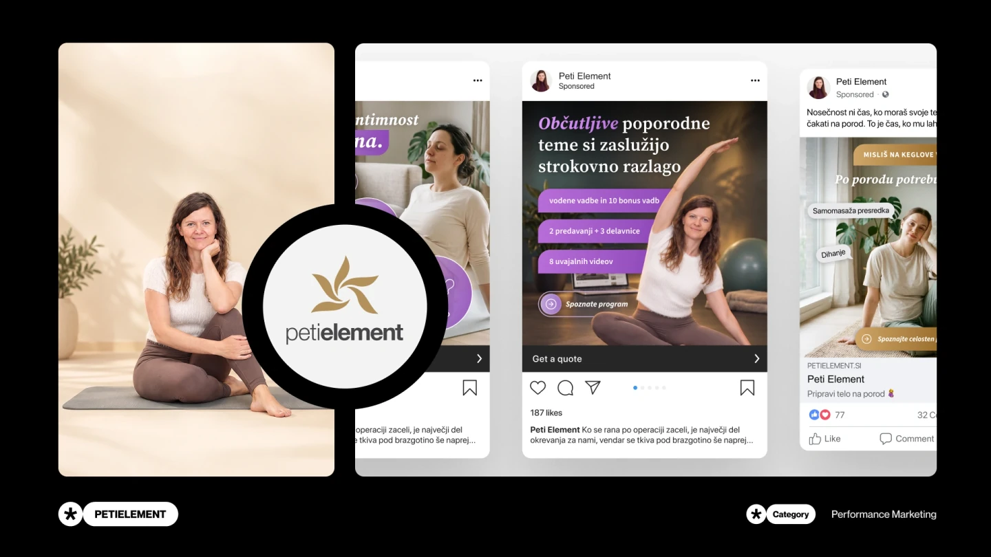 Peti element wellness campaign layouts with a seated instructor, gold logo and social-media ad previews.