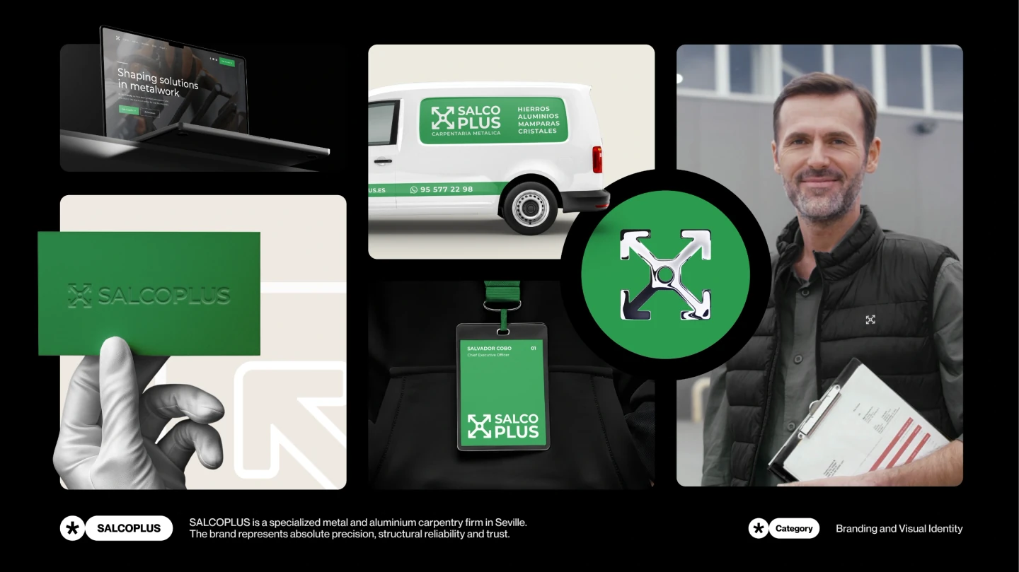 Green SALCOPLUS identity applied to a van, clothing and a business card, alongside the founder portrait.