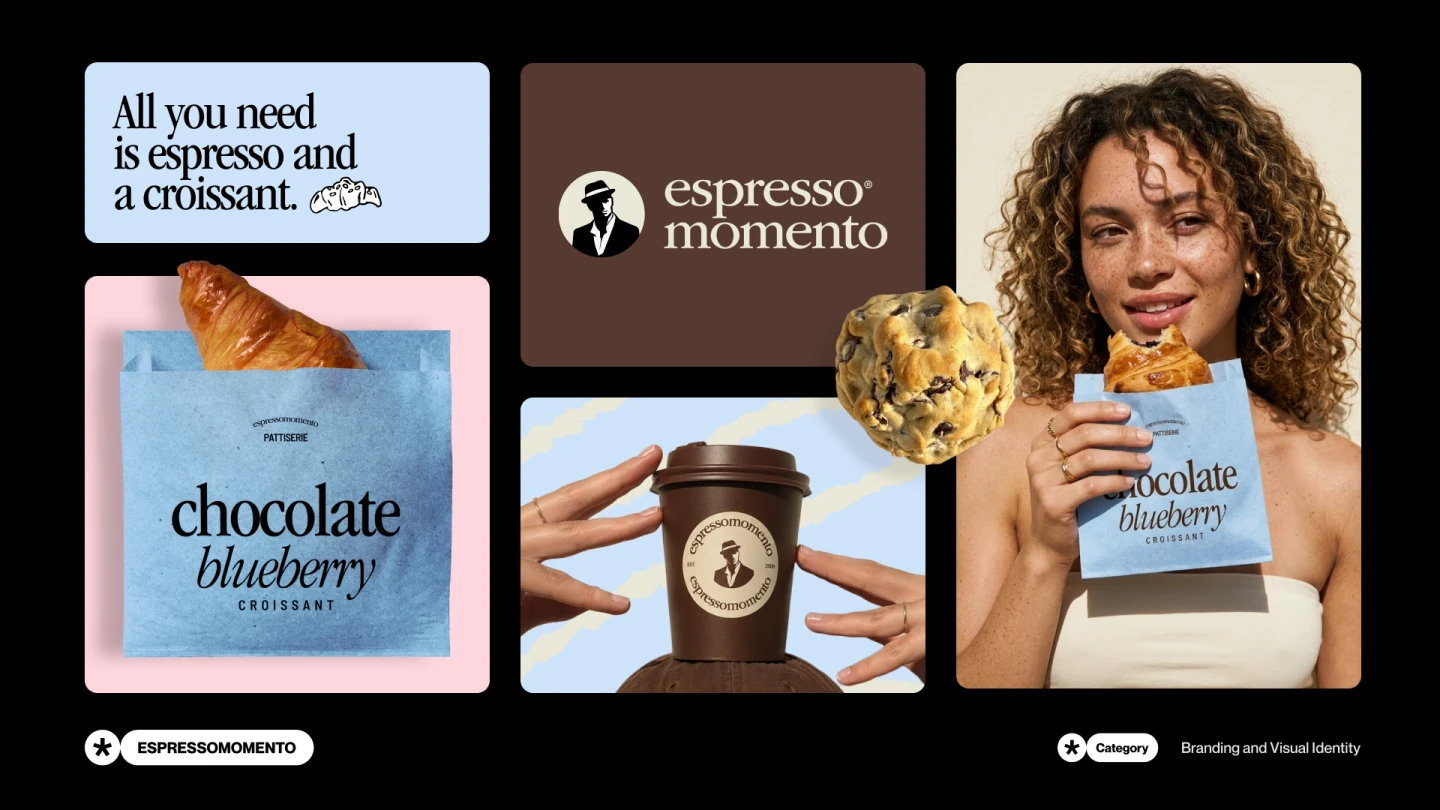 Espresso Momento cafe identity with coffee cups, blue pastry packaging, typography and photography.