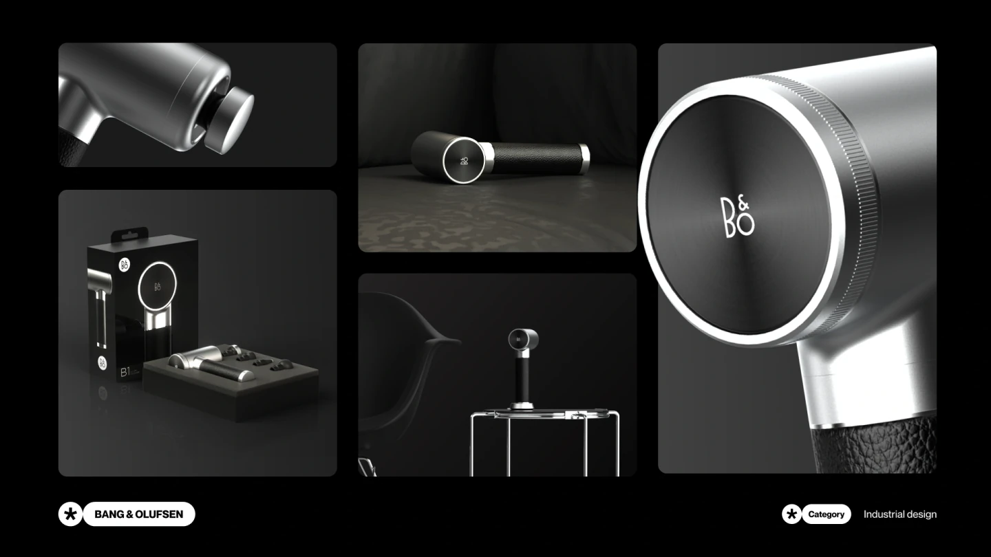 Metallic massage-gun concept with interchangeable heads, charging dock and Bang & Olufsen styling.